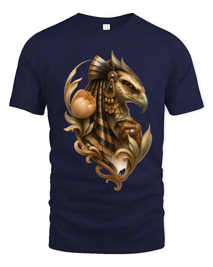 Egyptian Falcon Floral Mythology Artistic Graphic T Shirt - navy t-shirt on white background
