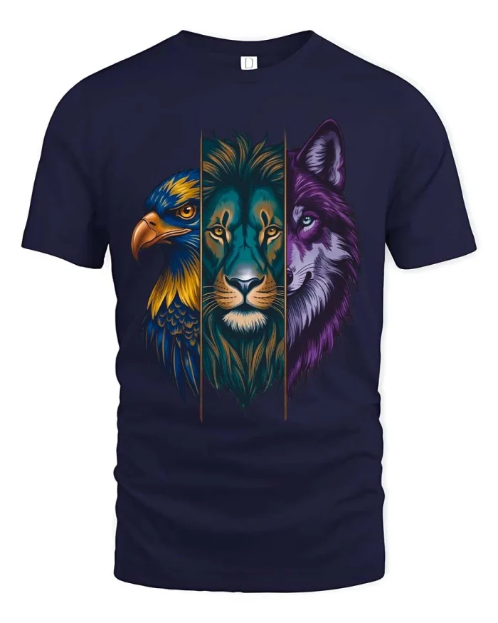 Eagle Lion Wolf Trio Animal Graphic T Shirt Artistic Style - navy t-shirt on white background