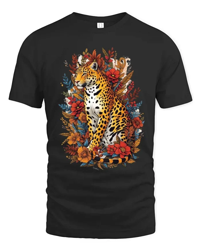 Leopard Floral Graphic T Shirt Elegant Wild Nature Style - black t-shirt on white background