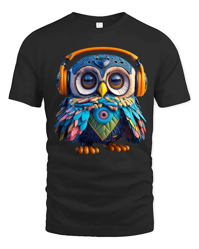 Colorful Owl Headphones Graphic T Shirt Cute Music Style - black t-shirt on white background