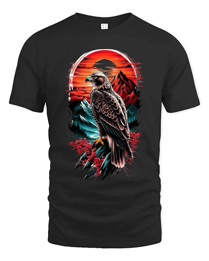 Majestic Eagle Sunset Mountain Graphic T Shirt Nature Art - black t-shirt on white background