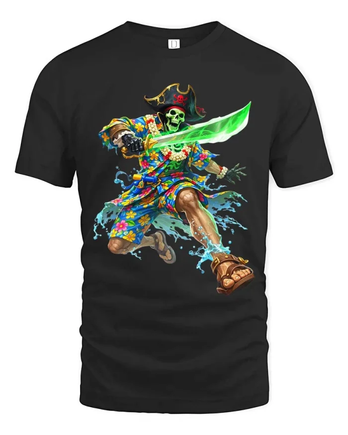 Skeleton Pirate Summer Graphic T Shirt Funny Beach Style - black t-shirt on white background