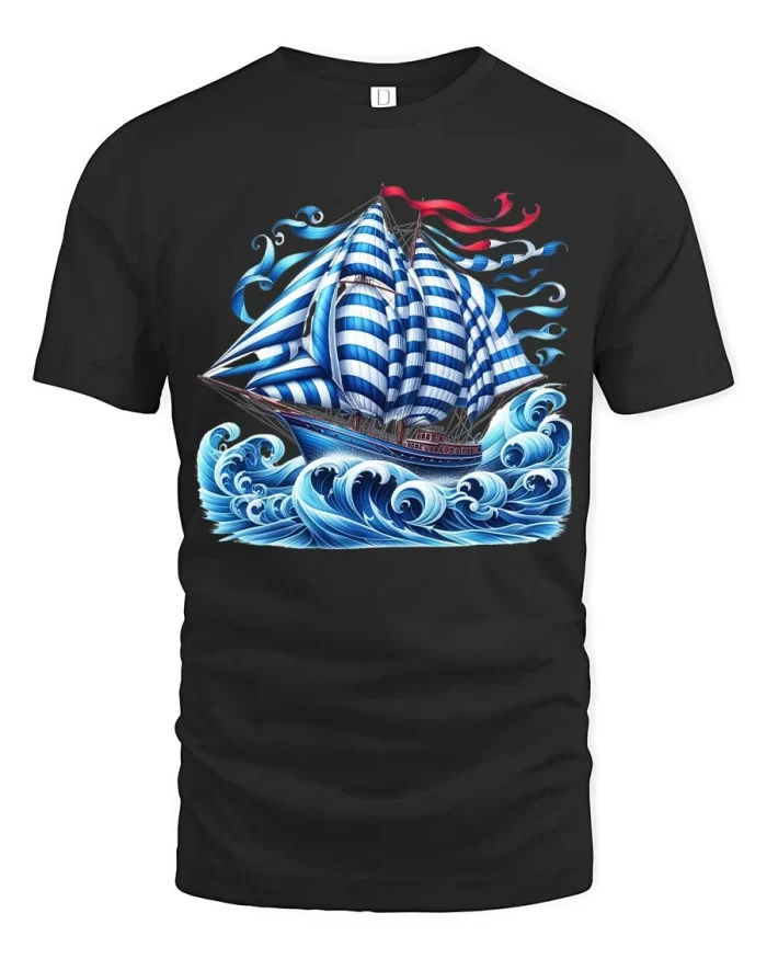 Vintage Sailing Ship Ocean Wave Graphic T Shirt Nautical Art - black t-shirt on white background
