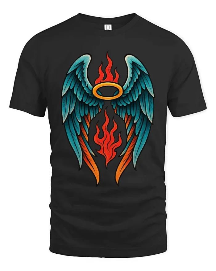 Angel Wings Fire Halo Graphic T Shirt Bold Spiritual Style - black t-shirt on white background