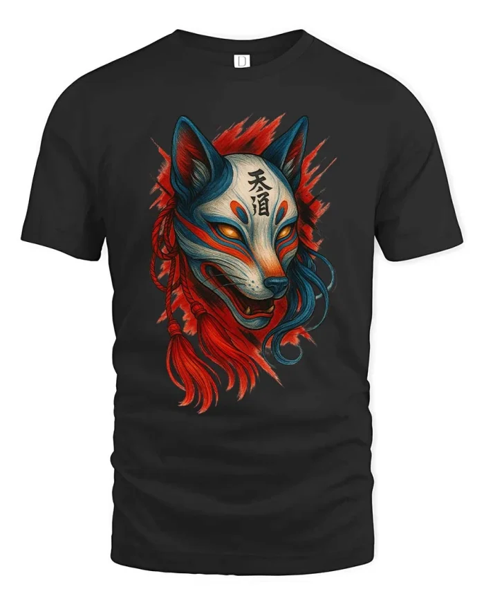 Japanese Fox Mask Graphic T Shirt Kitsune Spirit Art Style - black t-shirt on white background