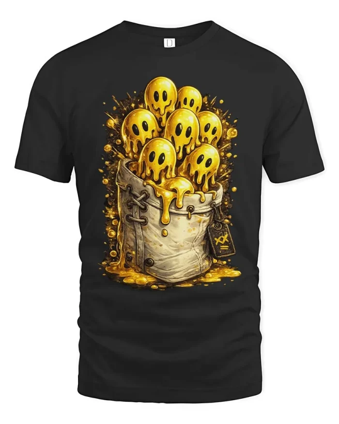 Melting Gold Ghost Bucket Graphic T Shirt Funny Art Style - black t-shirt on white background
