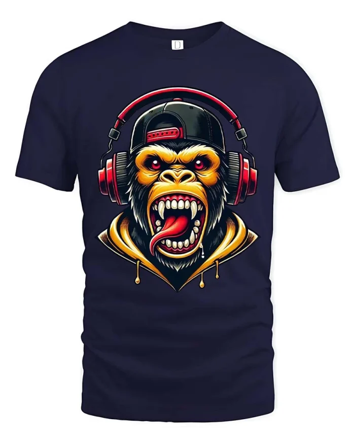 Angry Gorilla Headphones Graphic T Shirt Street Style Bold - navy t-shirt on white background