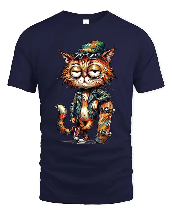 Cool Skater Cat Graphic T Shirt Street Style Chill Vibes - navy t-shirt on white background