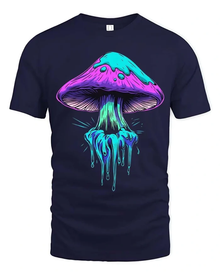 Neon Dripping Mushroom Graphic T Shirt Psychedelic Style - navy t-shirt on white background