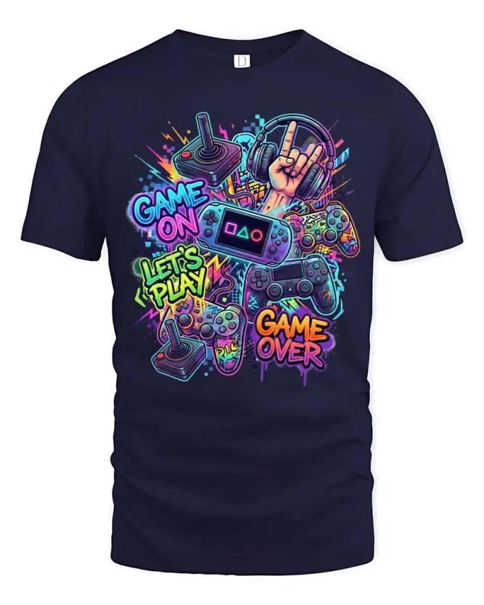 Retro Gaming Graphic T Shirt Game On Lets Play Neon Style - navy t-shirt on white background
