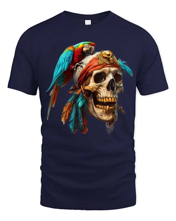 Pirate Skull Parrot Graphic T Shirt Bold Adventure Style - navy t-shirt on white background