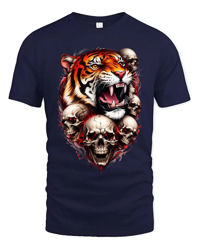 Fierce Tiger Skull Graphic T Shirt Bold Dark Animal Style - navy t-shirt on white background