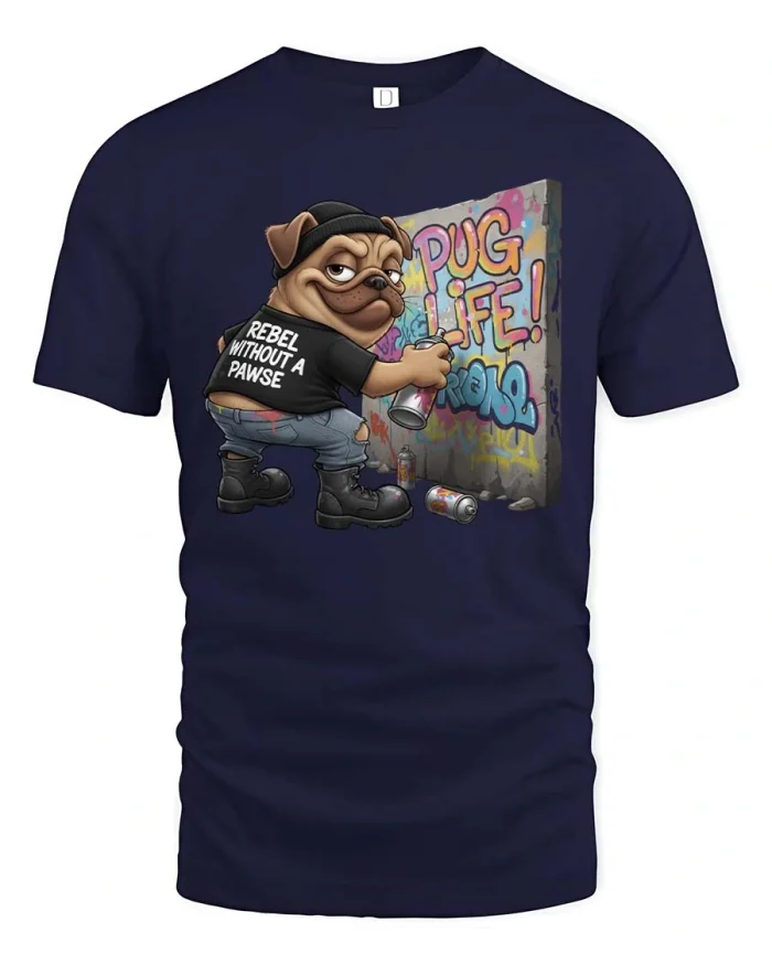 Rebel Pug Life Graffiti Graphic T Shirt Funny Street Style - navy t-shirt on white background