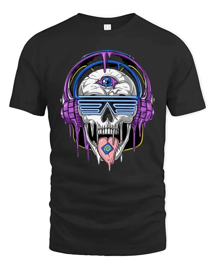 Trippy Skull Headphones Tee Psychedelic Third Eye Vibe - black t-shirt on white background