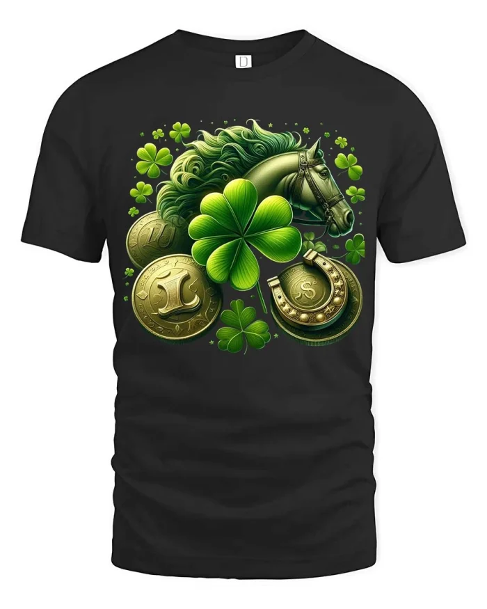 Lucky Irish Horse Tee Shamrock Gold Coin Celtic Charm - black t-shirt on white background