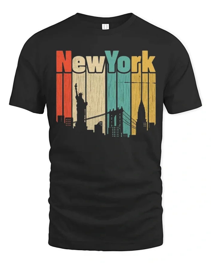 Vintage New York City Skyline Tee Retro Statue Urban Vibe - black t-shirt on white background