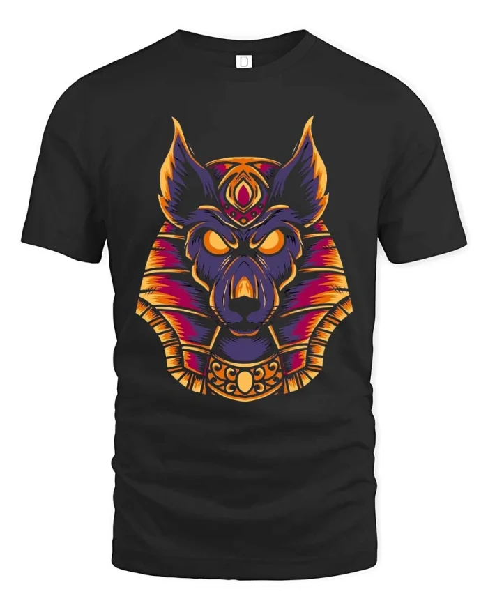 Anubis Dog God Tee Egyptian Mythology Neon Warrior Art - black t-shirt on white background