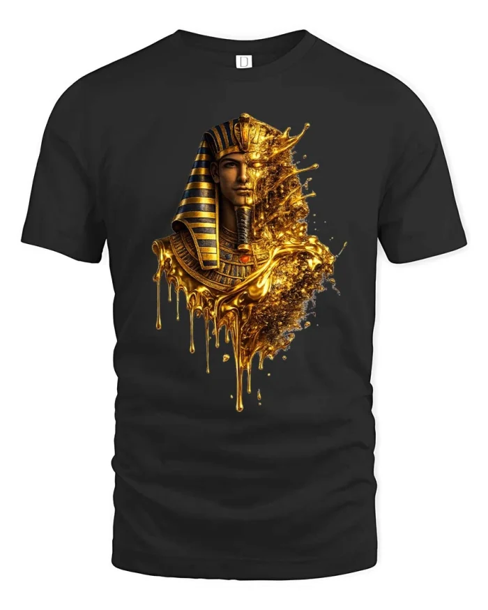 Golden Pharaoh Tee Egyptian King Melted Gold Art Design - black t-shirt on white background