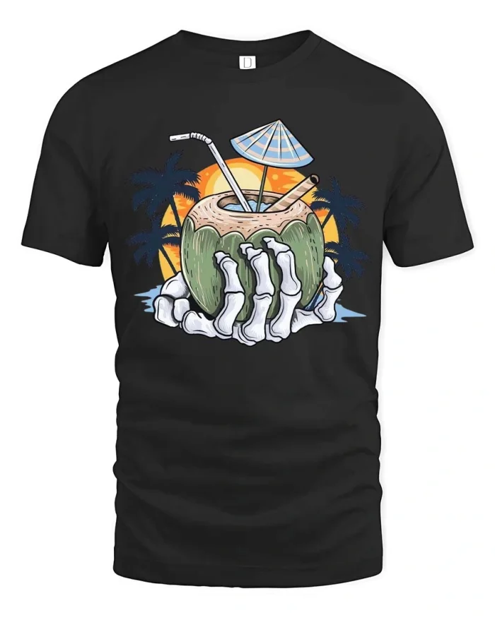 Skeleton Coconut Drink Tee Tropical Sunset Funny Vibe - black t-shirt on white background
