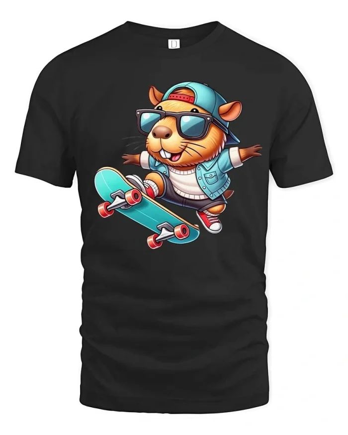 Cool Guinea Pig Skateboard Tee Funny Skater Animal Vibe - black t-shirt on white background