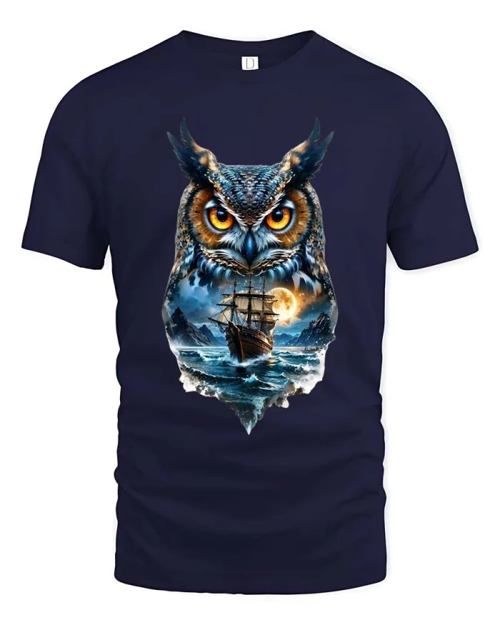 Mystic Owl Ocean Ship Tee Night Sea Fantasy Art Style - navy t-shirt on white background