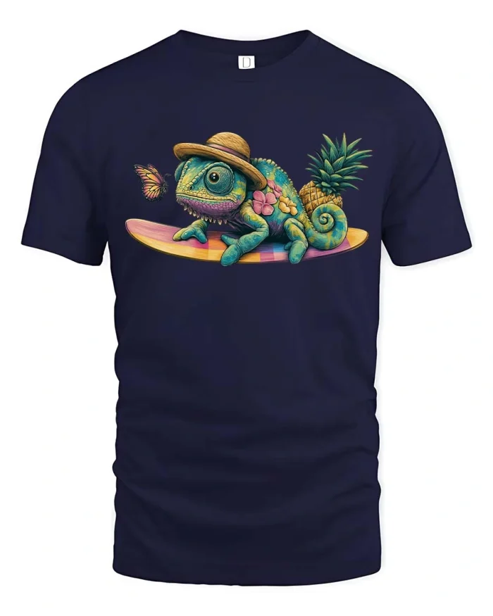 Cute Chameleon Surfboard Tee Tropical Summer Beach Vibe - navy t-shirt on white background