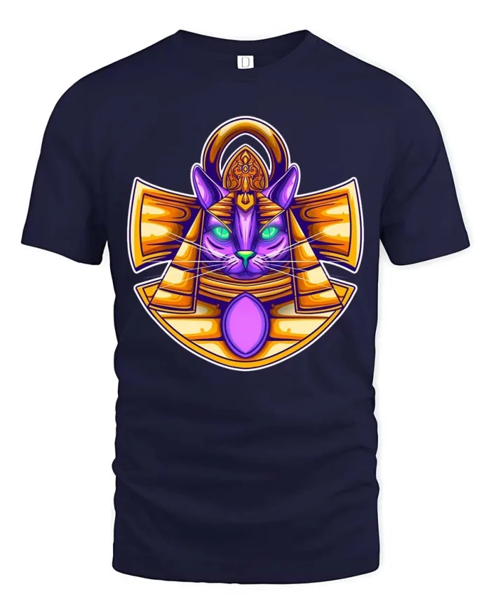 Egyptian Cat Goddess Tee Bastet Neon Mythology Style - navy t-shirt on white background