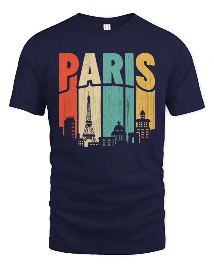 Vintage Paris Skyline Tee Eiffel Tower Retro City Style - navy t-shirt on white background