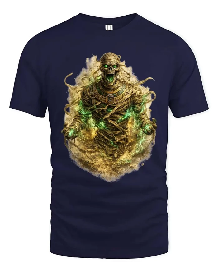 Scary Mummy Skull Tee Ancient Undead Horror Graphic Art - navy t-shirt on white background