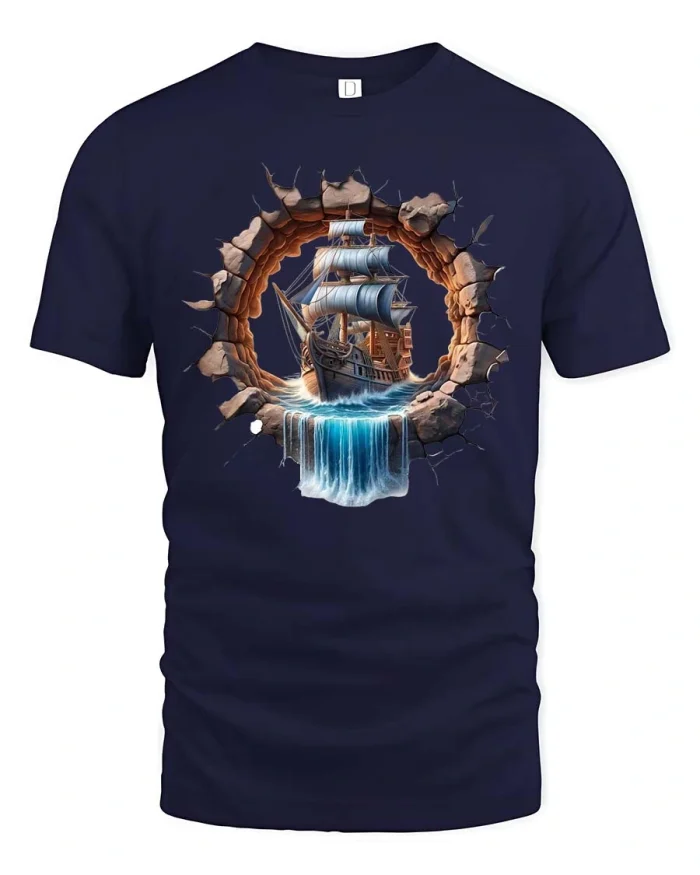 Majestic Pirate Ship Waterfall Illusion Graphic T Shirt Tee - navy t-shirt on white background