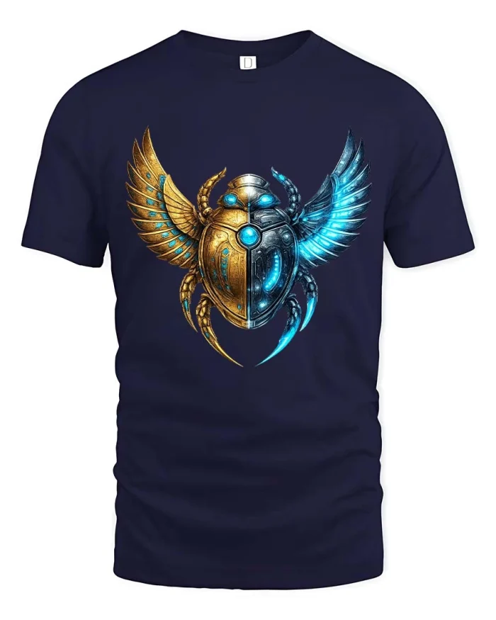 Futuristic Cyber Scarab Wings Graphic T Shirt Artistic Tee - navy t-shirt on white background