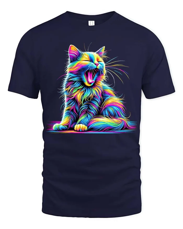 Colorful Neon Yawning Cat Graphic T Shirt Artistic Tee - navy t-shirt on white background