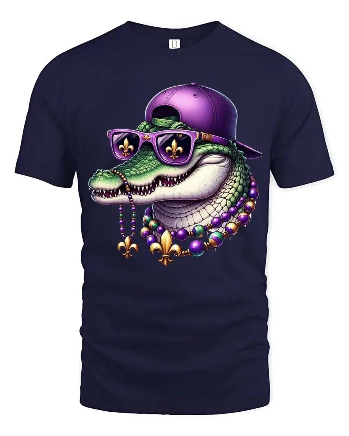 Mardi Gras Alligator Graphic T Shirt Cool Party Style Tee - navy t-shirt on white background