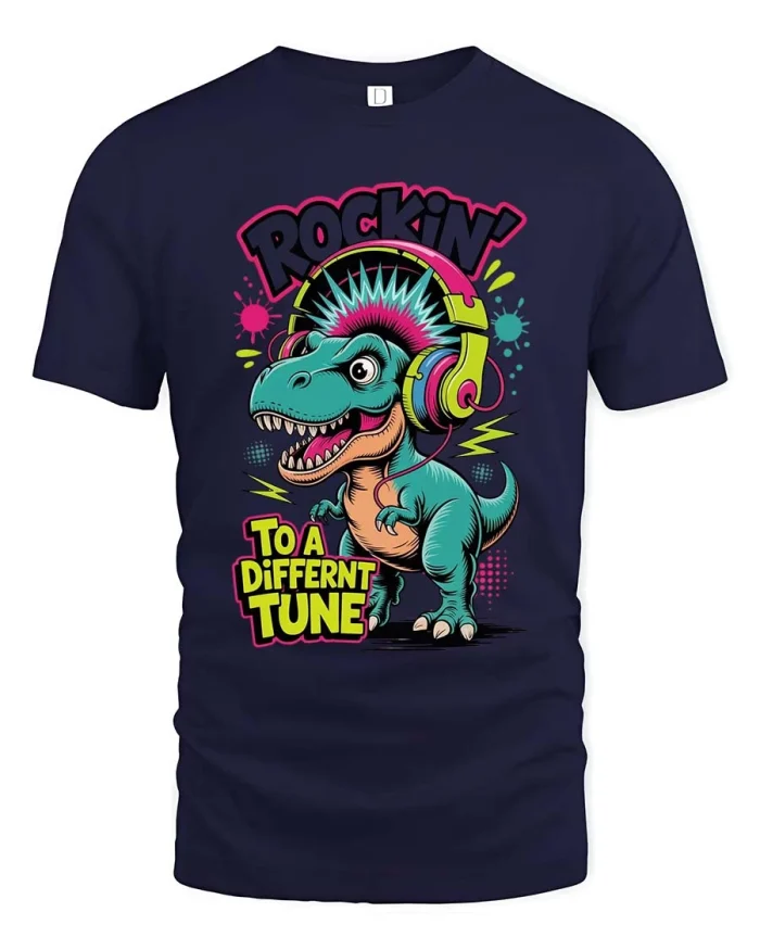 Rockin Dinosaur To A Different Tune Graphic T Shirt Tee - navy t-shirt on white background