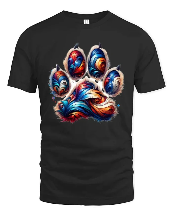 Colorful Swirl Paw Print Tee Vibrant Pet Lover Tshirt - black t-shirt on white background