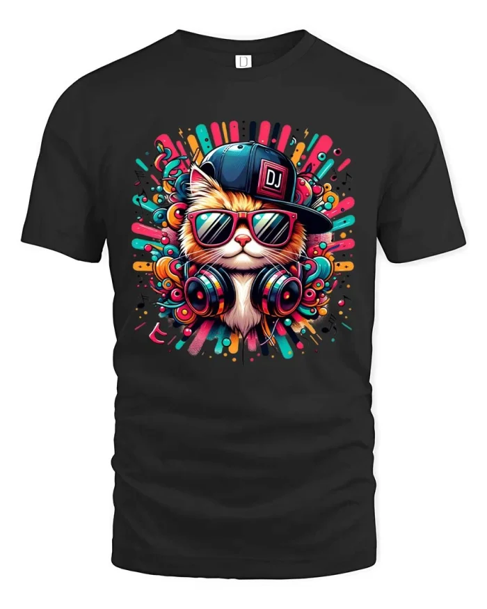 Cool DJ Cat Tee Funny Music Lover Party Vibes Tshirt - black t-shirt on white background