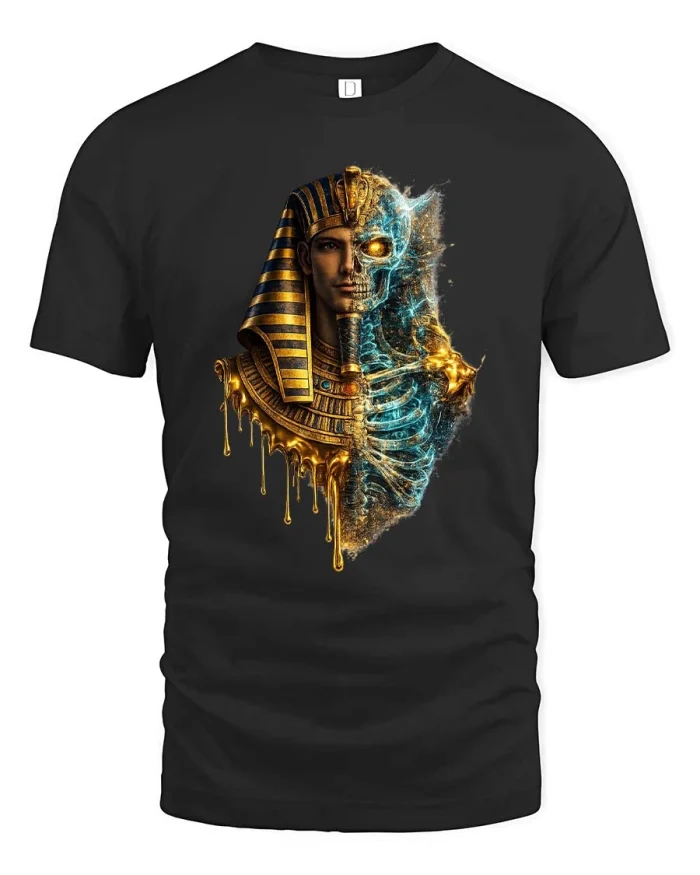 Ancient Pharaoh Skull Split Tee Mystic Egyptian Art Tshirt - black t-shirt on white background