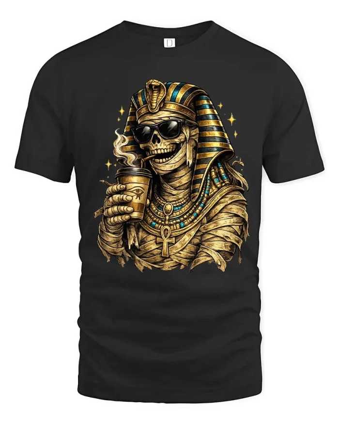 Cool Mummy Pharaoh Coffee Tee Funny Egyptian Skull Tshirt - black t-shirt on white background