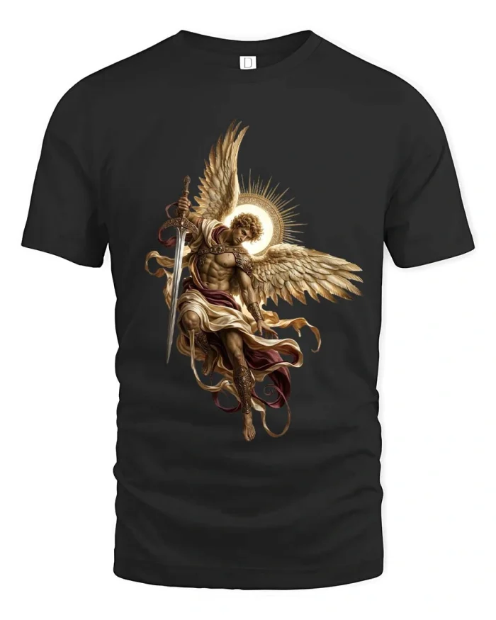 Archangel Warrior Tee Divine Angel Sword Graphic Tshirt - black t-shirt on white background