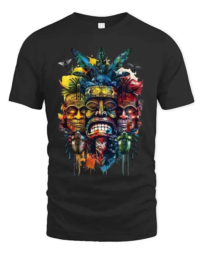 Tribal Mask Art Tee Colorful Cultural Graphic Style Tshirt - black t-shirt on white background