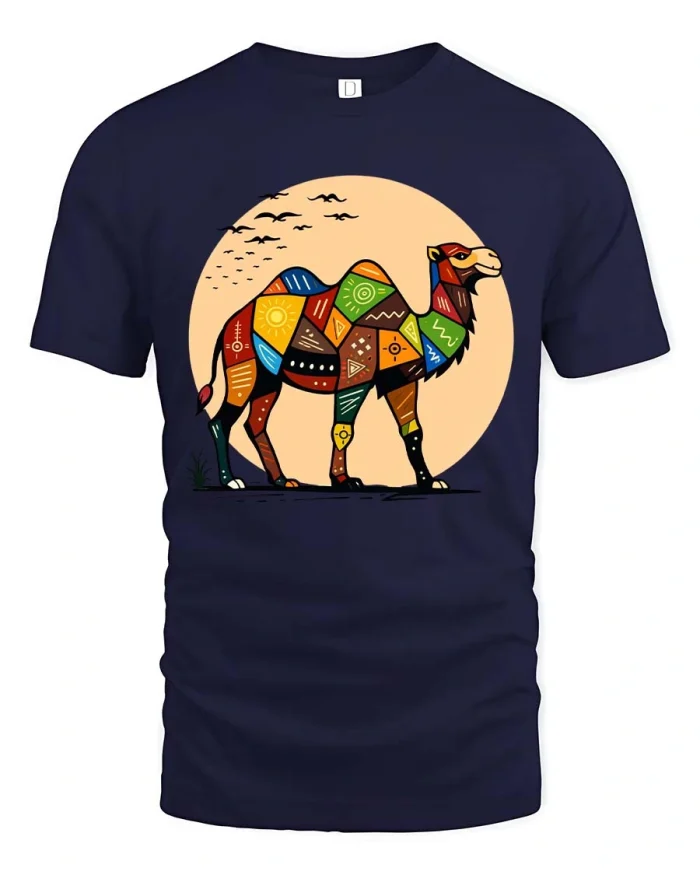 Colorful Desert Camel Tee Tribal Pattern Animal Tshirt - navy t-shirt on white background