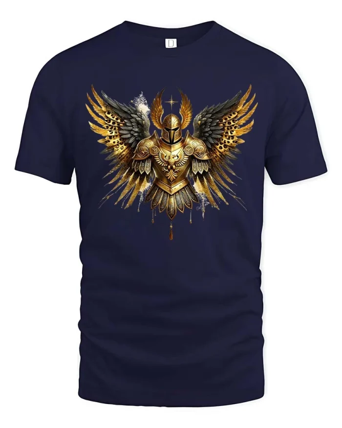 Golden Winged Warrior Tee Divine Armor Angel Tshirt - navy t-shirt on white background