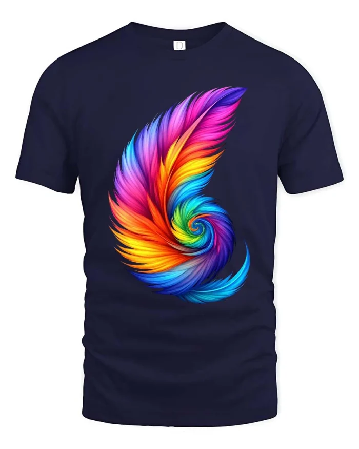 Rainbow Feather Swirl Tee Colorful Abstract Art Tshirt - navy t-shirt on white background