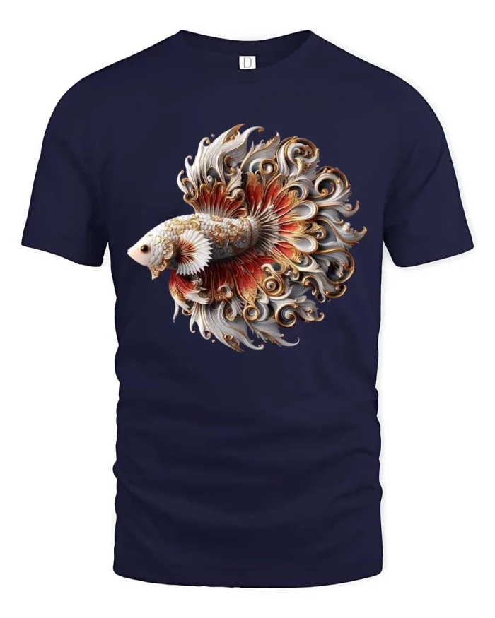 Elegant Betta Fish Art Tee Ornate Flowing Design Tshirt - navy t-shirt on white background