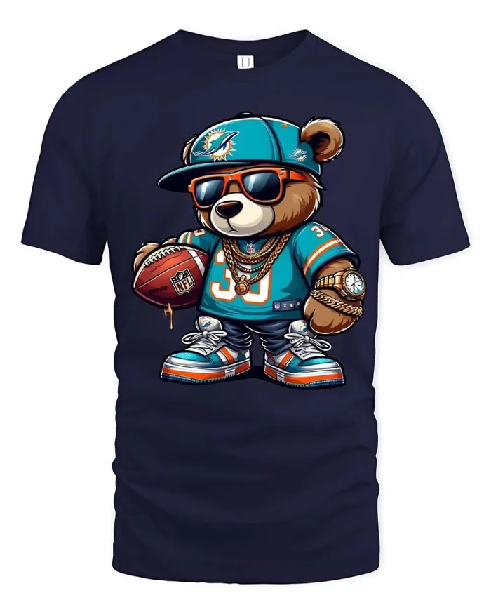 Cool Football Bear Tee Hip Hop Style Animal Graphic Tshirt - navy t-shirt on white background