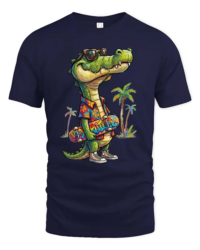 Cool Skateboarding Crocodile Tee Funny Summer Style Tshirt - navy t-shirt on white background