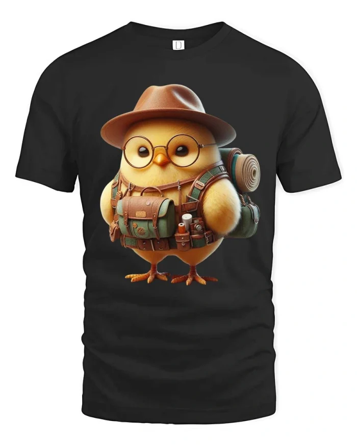 Cute Explorer Chick Backpack Adventure Cartoon Tee - black t-shirt on white background