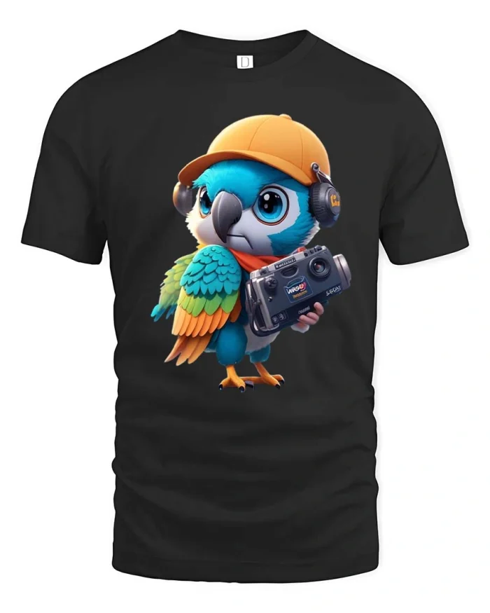 Cute Parrot Photographer Cartoon Camera Graphic Tee - black t-shirt on white background