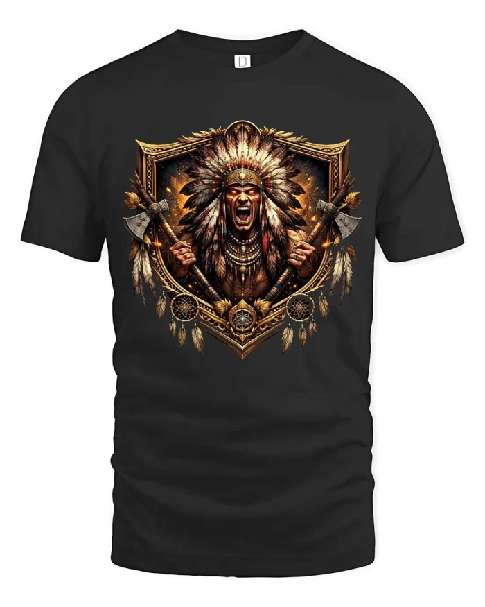 Fierce Tribal Warrior Headdress Axe Graphic T Shirt - black t-shirt on white background