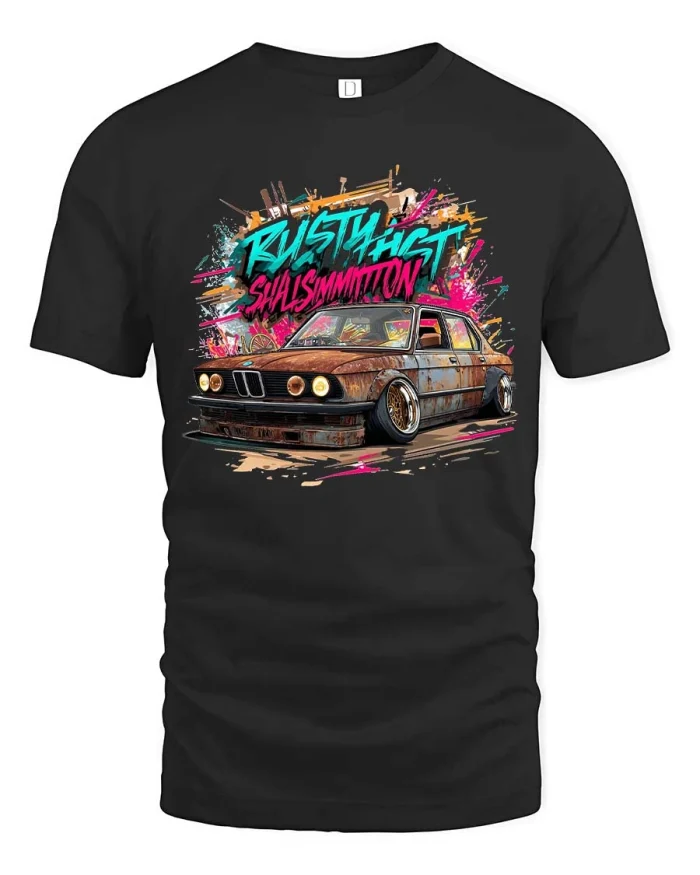 Rusty Beast Slammed Car Street Art Drift Graphic Tee - black t-shirt on white background
